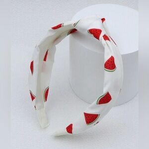 Red watermelon summer fruit on crisp white silky fabric top knot headband gift
